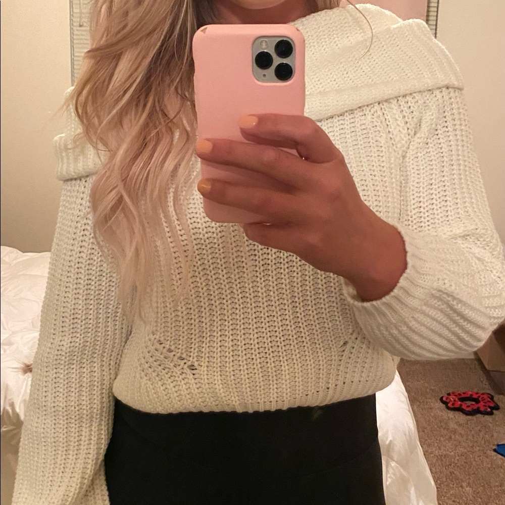 Off shoulder cream colored knit sweater
